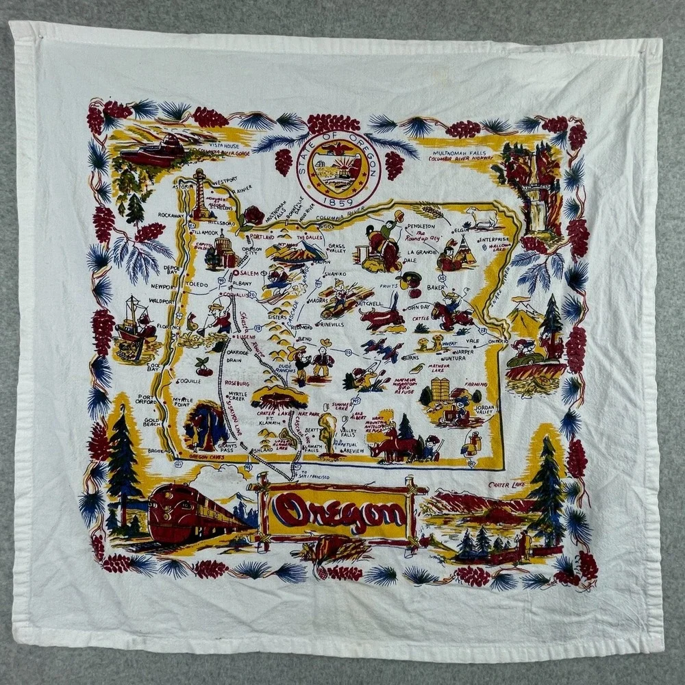 Oregon Handkerchief Bandana Western Rockabilly Railroad USA Dish Towel State Map